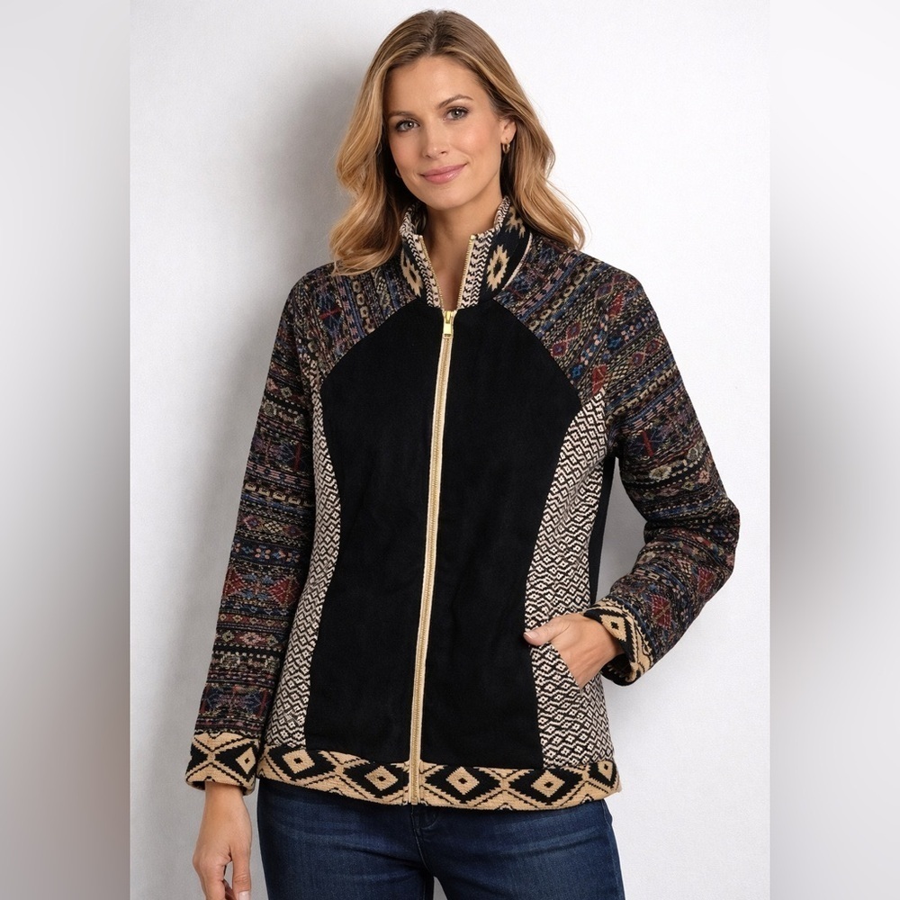 Boho Aztec Southwest Zip Jacket Fair Isle Cozy Knit Coco + Carmen M
